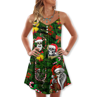 Christmas Skull Merry Xmas Happy - V-neck Sleeveless Cami Dress - Owls Matrix LTD