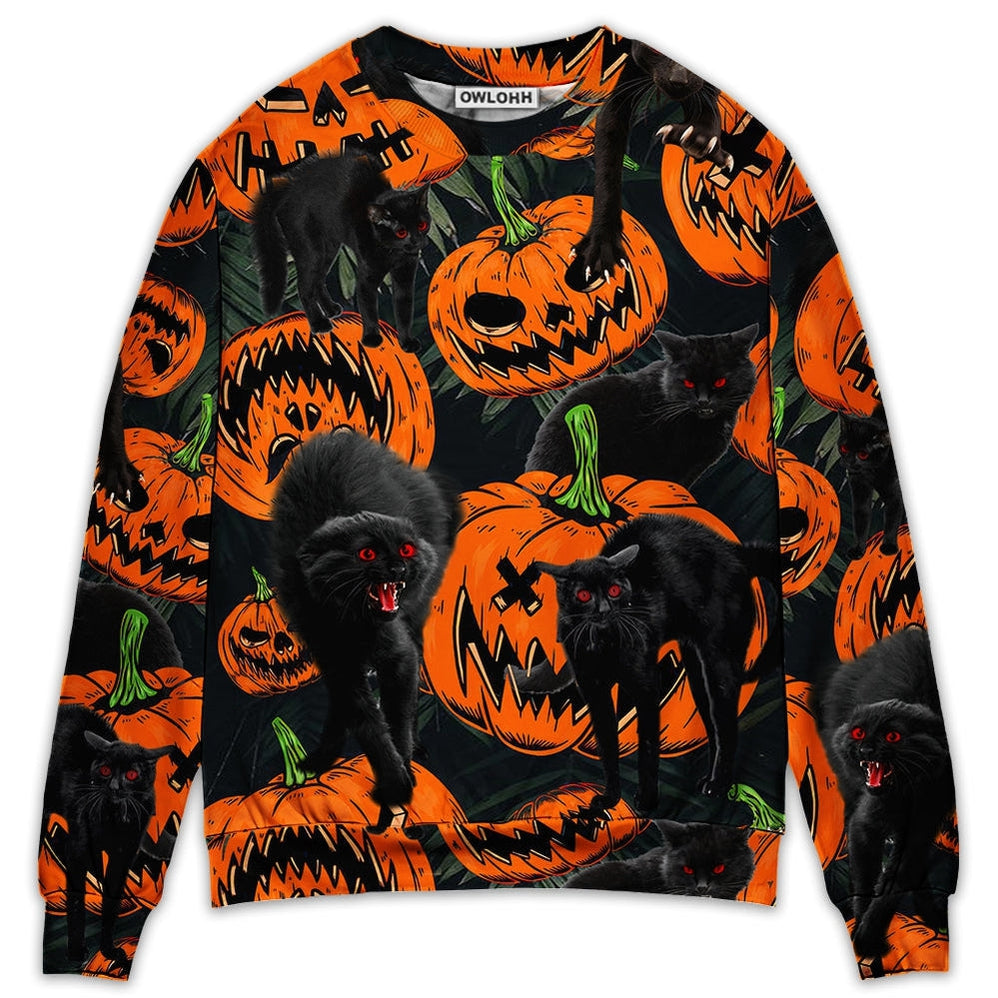 Halloween Black Cat Pumpkin Scary Tropical - Sweater - Ugly Christmas Sweaters - Owls Matrix LTD
