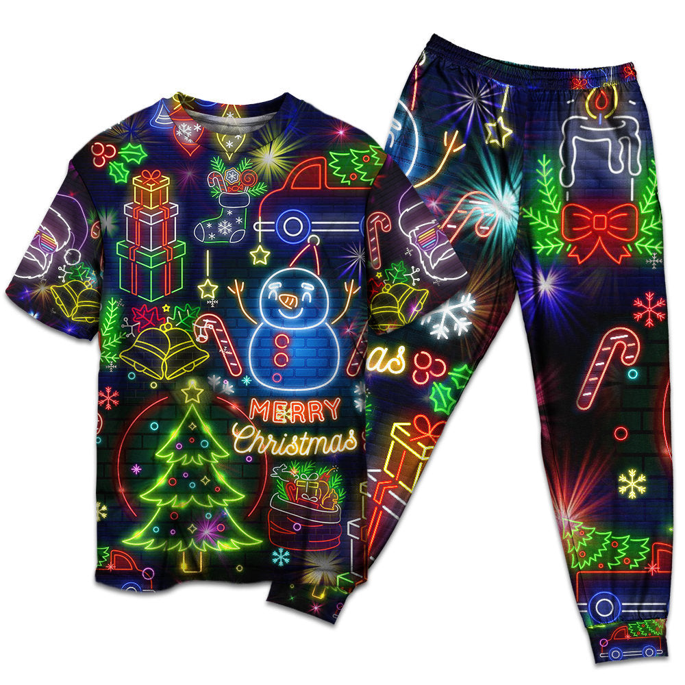T-shirt + Pants / S Christmas Bright Neon Lighting - Pajamas Short Sleeve - Owls Matrix LTD
