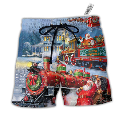 Christmas Santa Claus Train Gift For Xmas Painting Style - Beach Short - Owls Matrix LTD