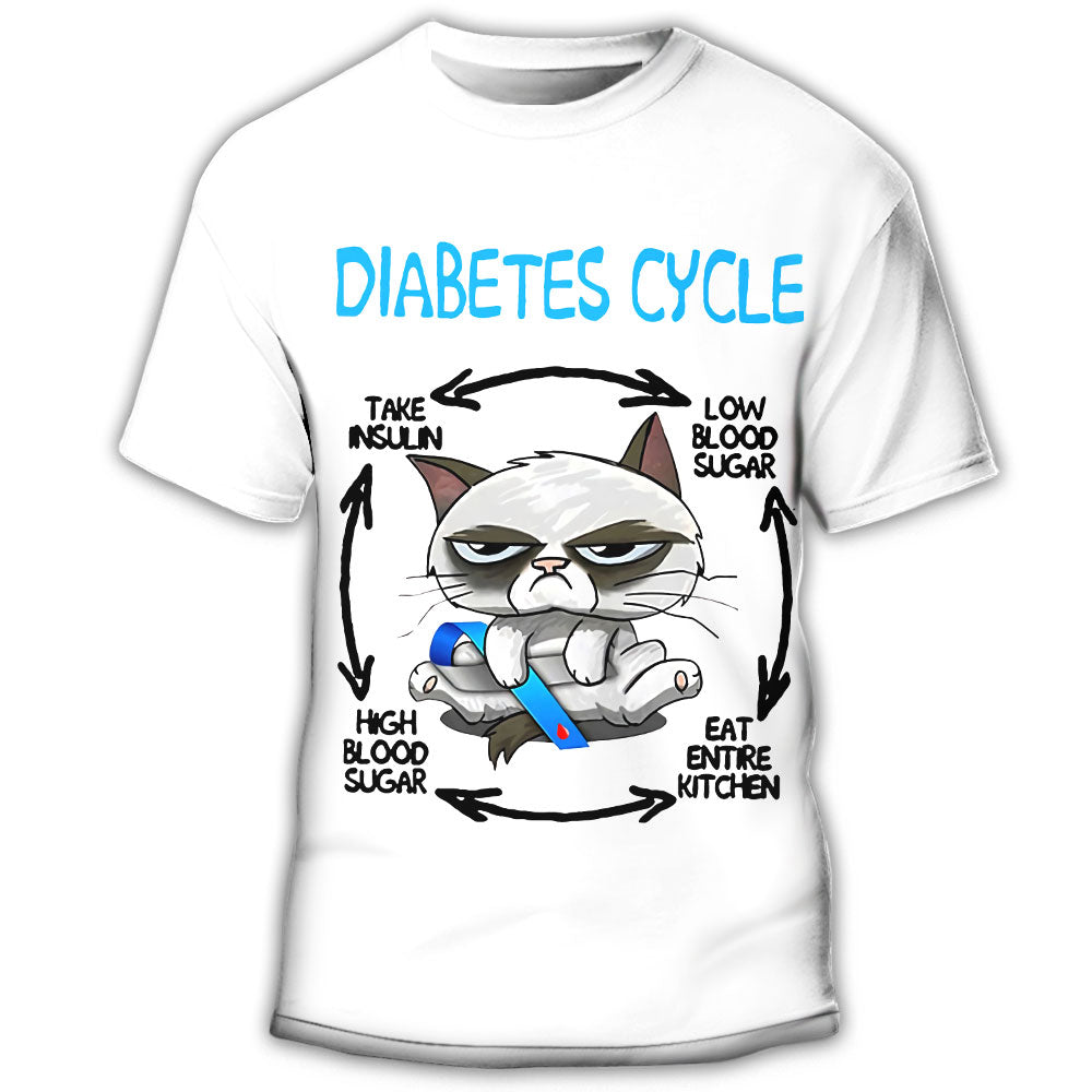 S Cat Diabetes Cycle Funny - Round Neck T- shirt - Owls Matrix LTD