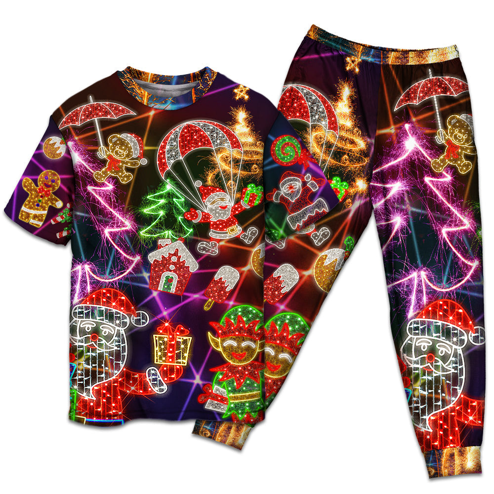 T-shirt + Pants / S Christmas Funny Santa Claus Tree Elf Gingerbread Neon Light Style - Pajamas Short Sleeve - Owls Matrix LTD