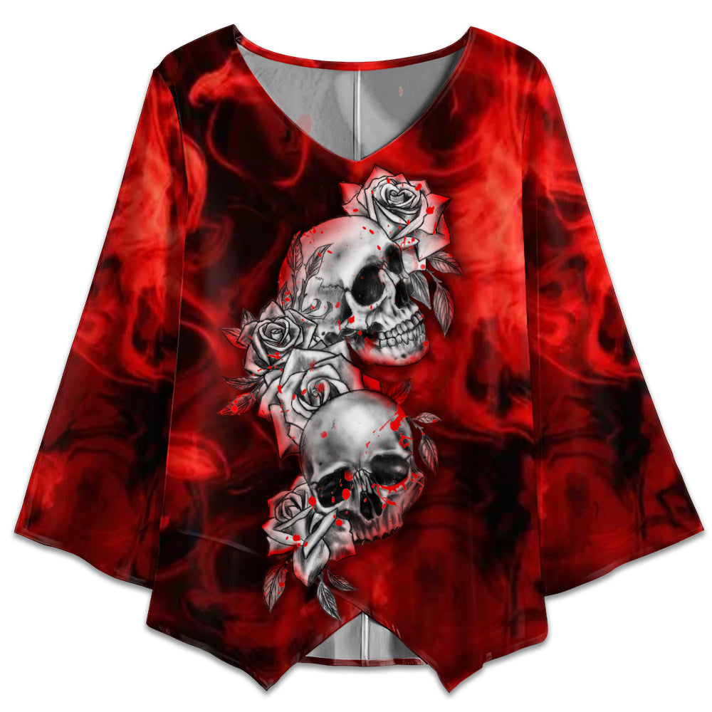 S Skull Flower Blood Style - V-neck T-shirt - Owls Matrix LTD
