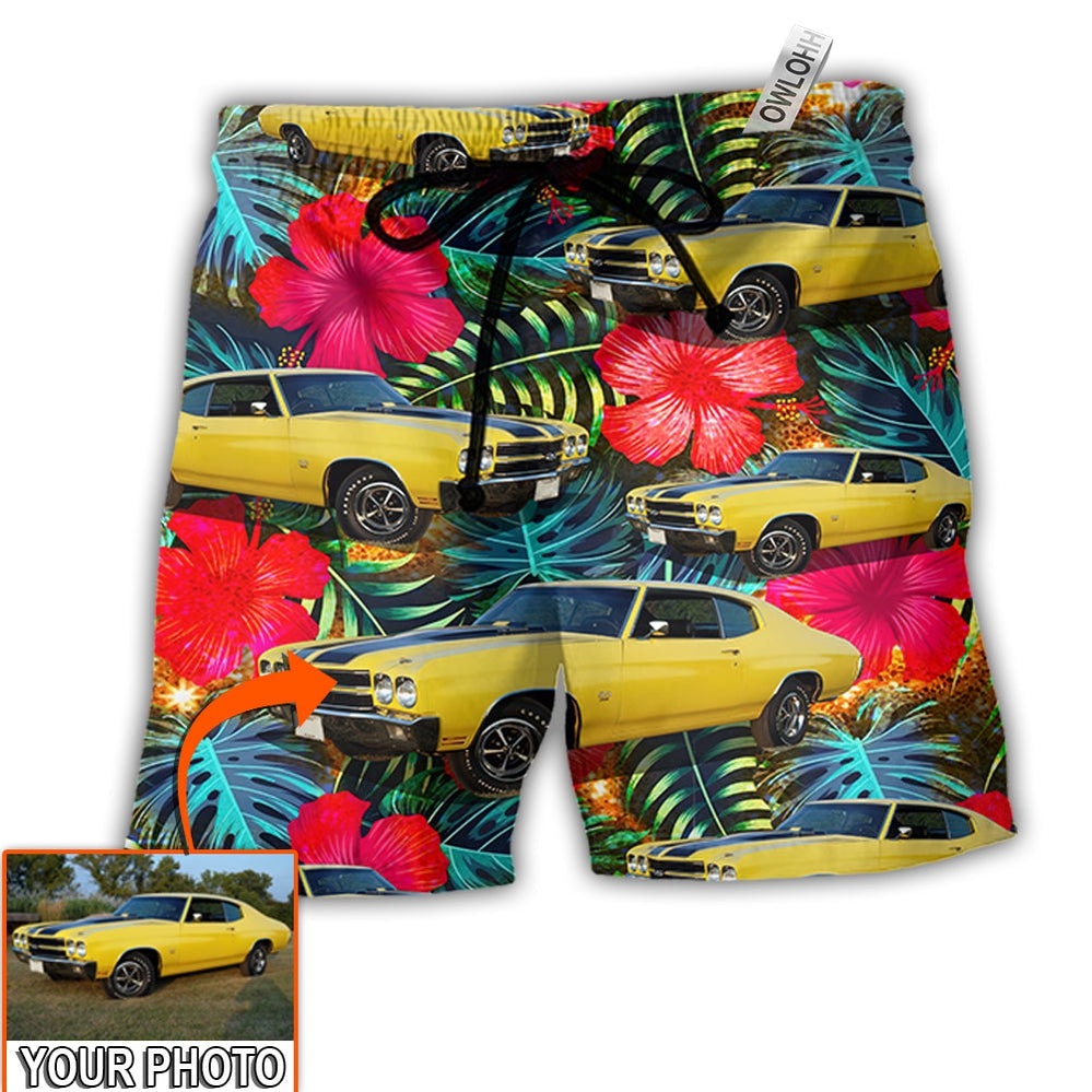 Beach Short / Adults / S Car Chevelle Car Cool Tropical Flower Custom Photo - Beach Short - Owls Matrix LTD