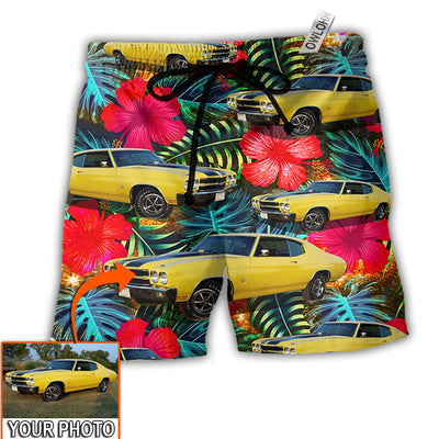 Beach Short / Adults / S Car Chevelle Car Cool Tropical Flower Custom Photo - Beach Short - Owls Matrix LTD