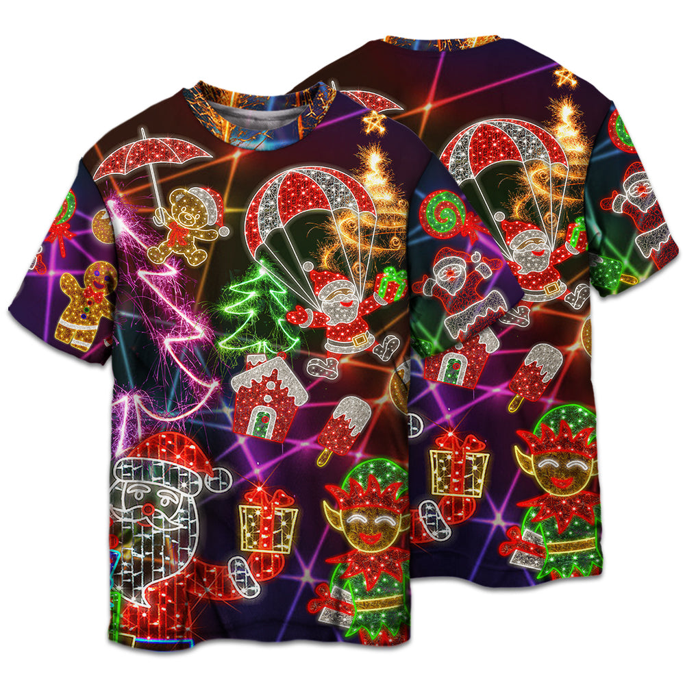 T-shirt / S Christmas Funny Santa Claus Tree Elf Gingerbread Neon Light Style - Pajamas Short Sleeve - Owls Matrix LTD