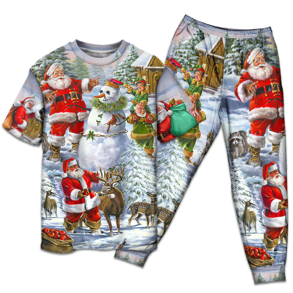 T-shirt + Pants / S Christmas Santa Claus Snowman Elf So Happy Art Style - Pajamas Short Sleeve - Owls Matrix LTD