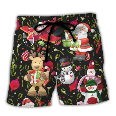 Beach Short / Adults / S Christmas Joyful Santa Snowman Merry Xmas - Beach Short - Owls Matrix LTD