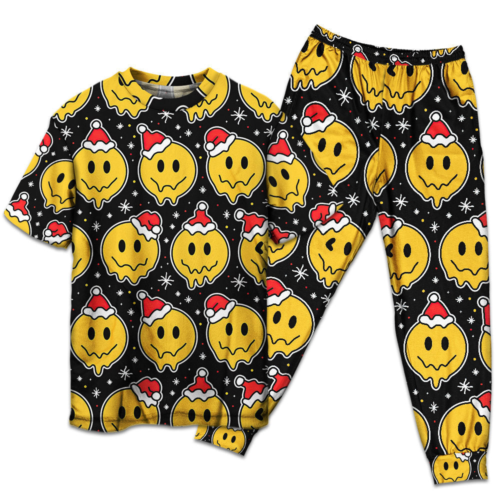 T-shirt + Pants / S Christmas Smile Happy Face With Santa Hat - Pajamas Short Sleeve - Owls Matrix LTD