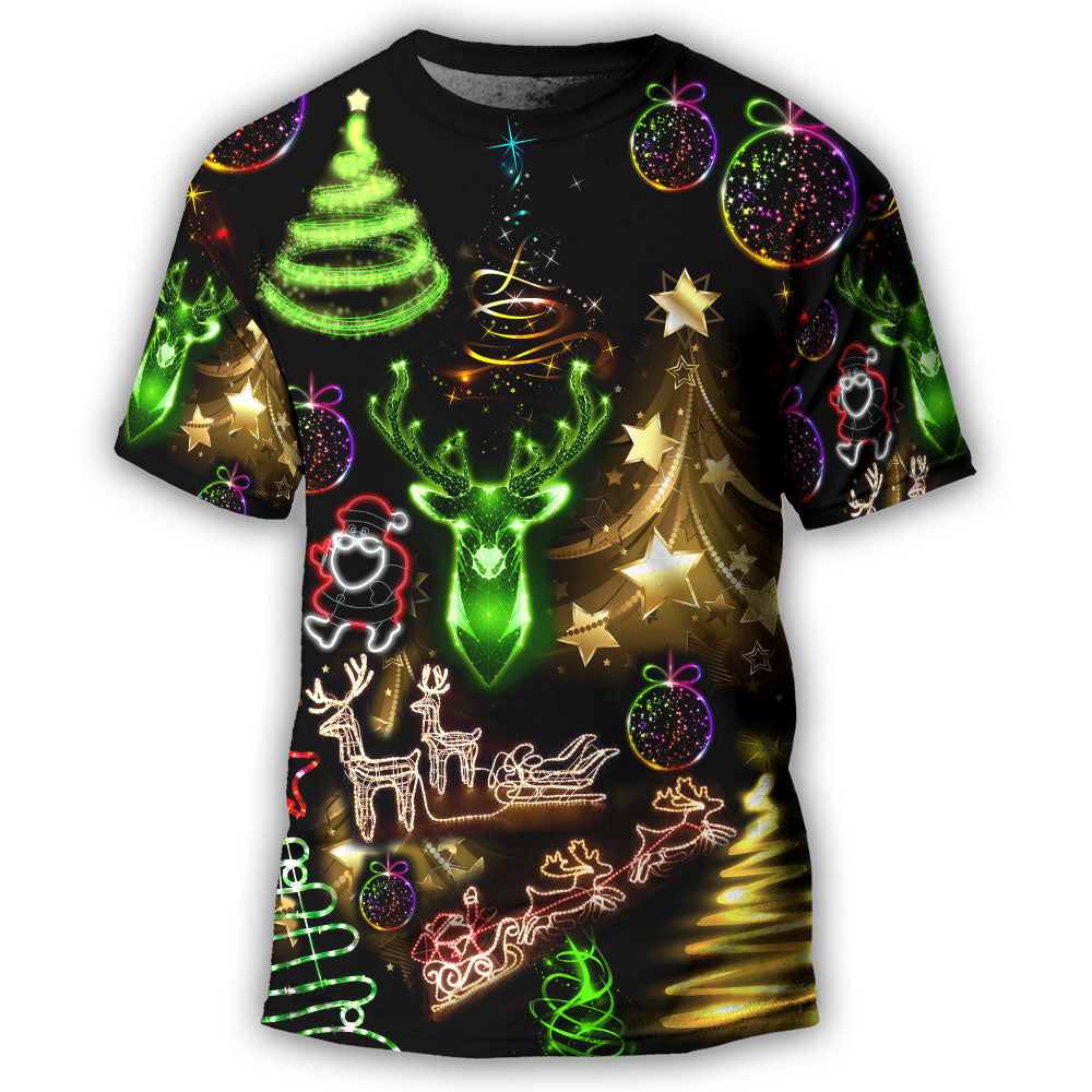 S Christmas Neon Art Christmas Tree And Snowman Cool - Round Neck T-shirt - Owls Matrix LTD