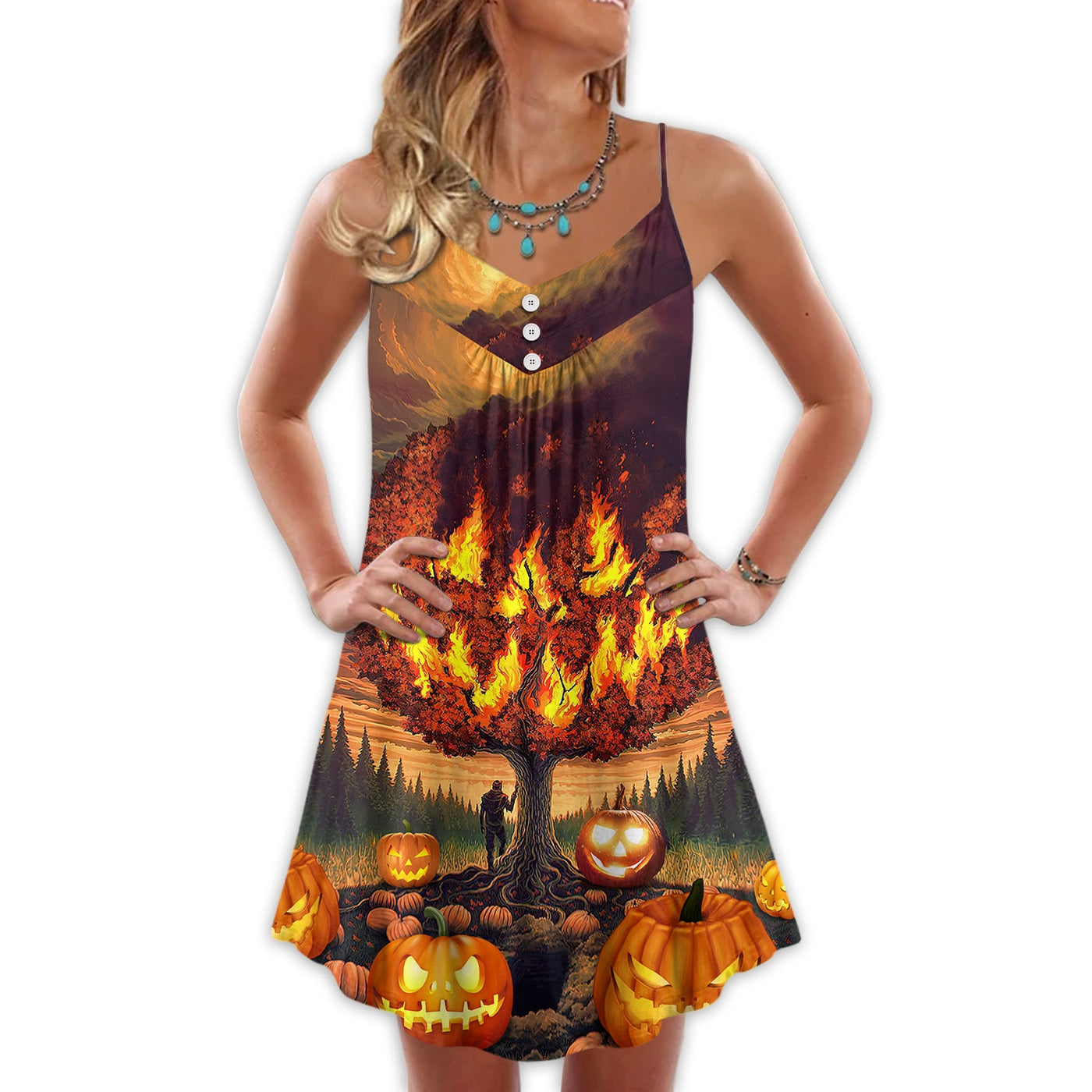 Halloween Pumpkin Burning Crazy Style - V-neck Sleeveless Cami Dress - Owls Matrix LTD