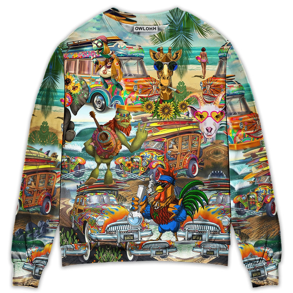 Hippie Funny Animals Happy Together Love Beach - Sweater - Ugly Christmas Sweater - Owls Matrix LTD