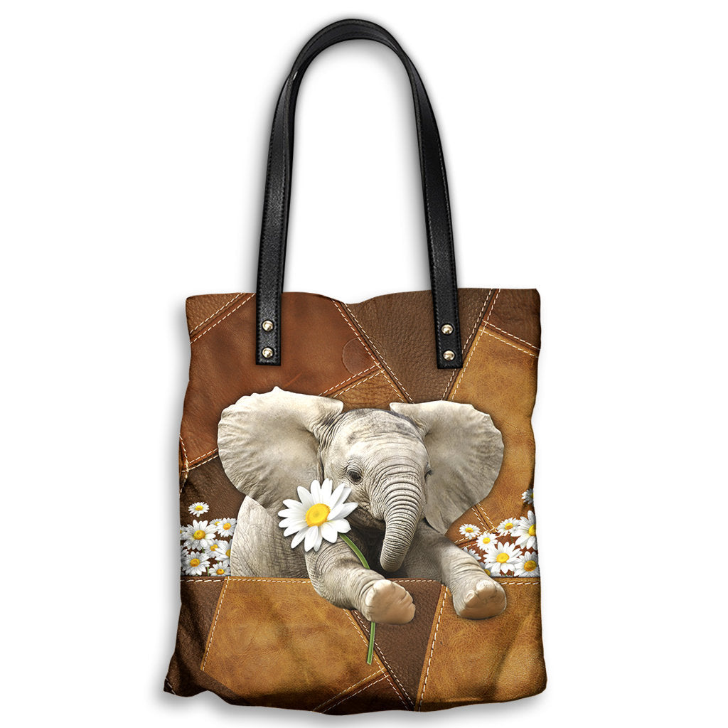 M ( "12.2 x 13.4" ) Elephant Cute With Beautiful Daisy Flower - Leather Hand Bag - Owls Matrix LTD