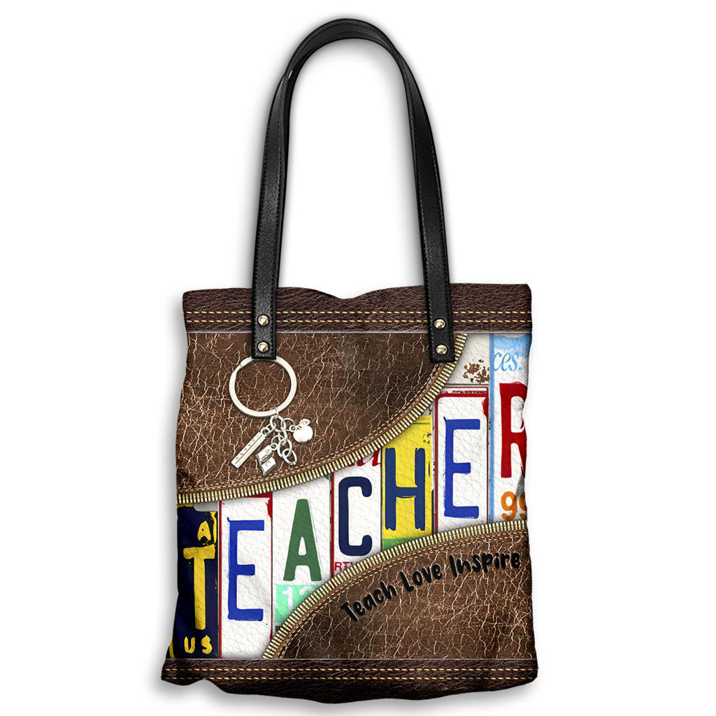 M ( "12.2 x 13.4" ) Teacher - Teach Love Inspire - Leather Hand Bag - Owls Matrix LTD