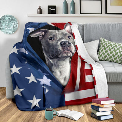 Pitbull Opened American Flag Independence Day - Flannel Blanket - Owls Matrix LTD