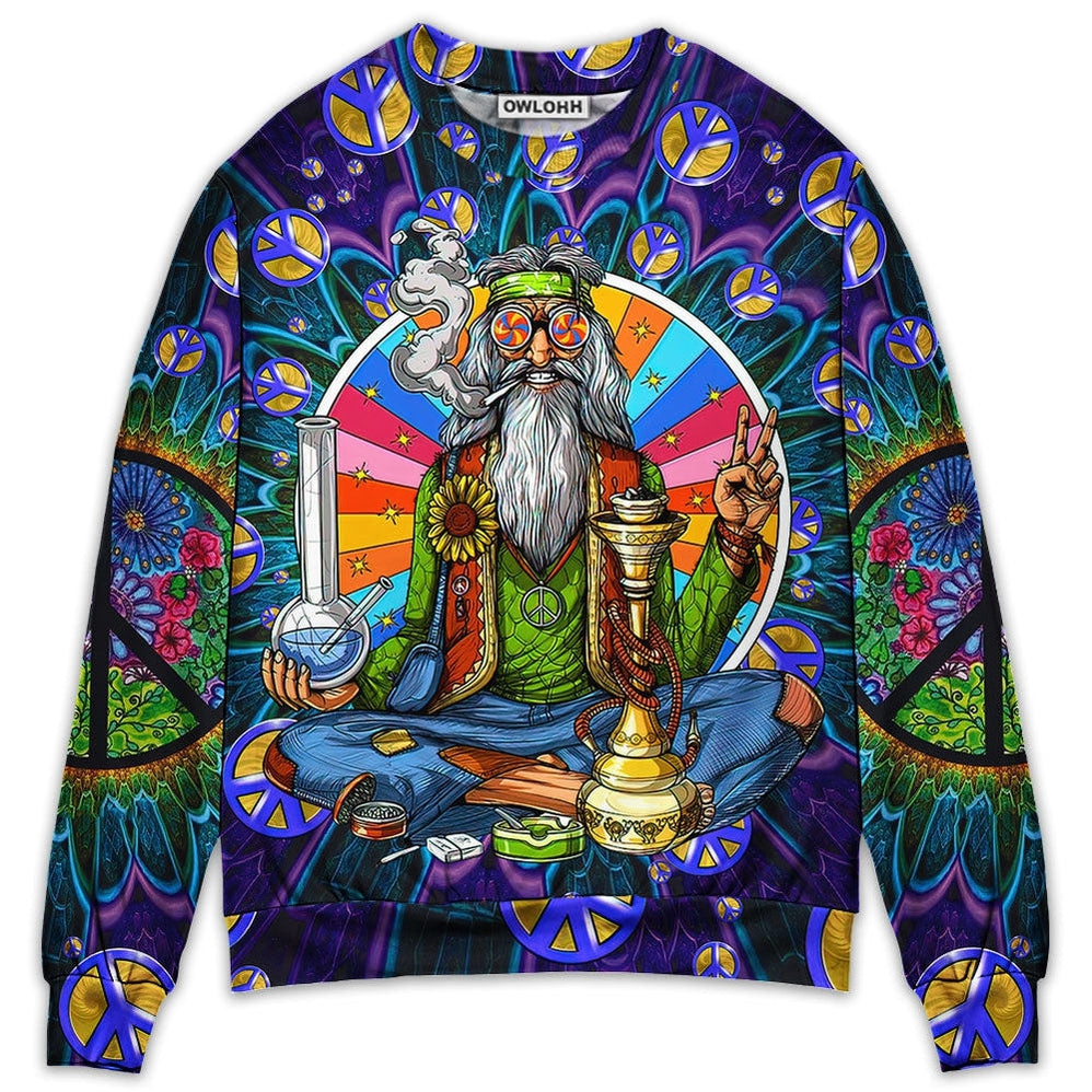 Sweater / S Hippie Peace Sign Old Man Smoking Weed - Sweater - Ugly Christmas Sweaters - Owls Matrix LTD