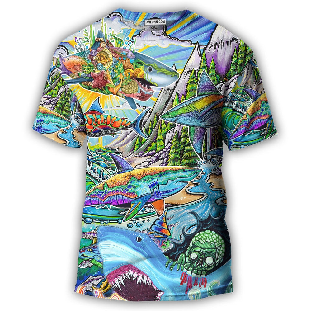 S Shark Hippie Colorful Art Peace - Round Neck T-shirt - Owls Matrix LTD