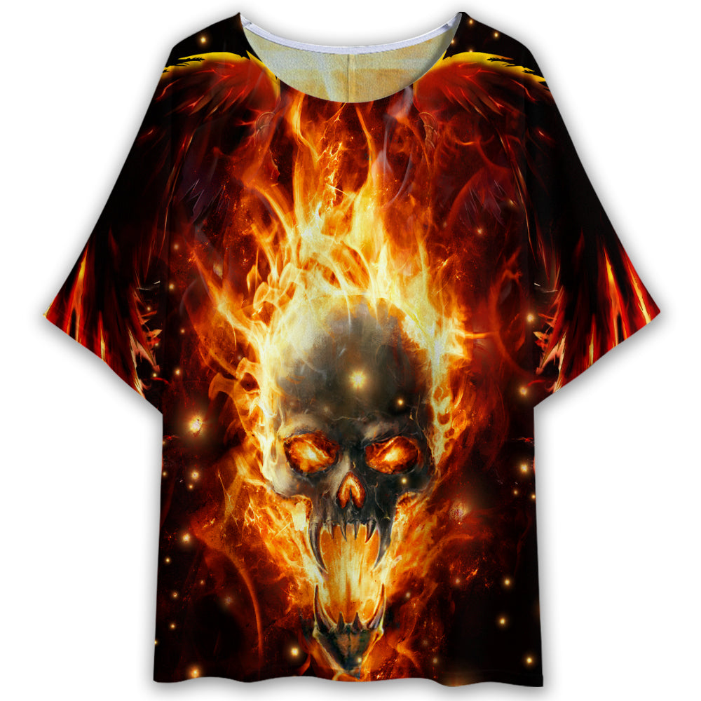 S Skull Devil Fire Screaming - Women's T-shirt With Bat Sleeve - Owls Matrix LTD