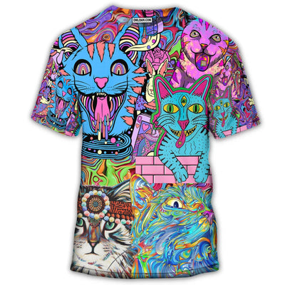 S Hippie Cat Wonderful World - Round Neck T-shirt - Owls Matrix LTD