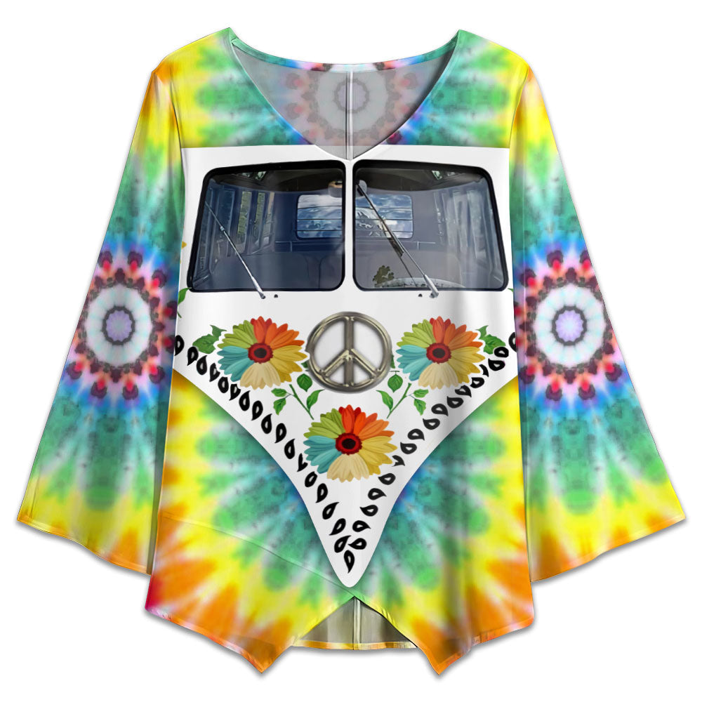 S Hippie Tie Dye Bus With Sunflowers - V-neck T-shirt - Owls Matrix LTD