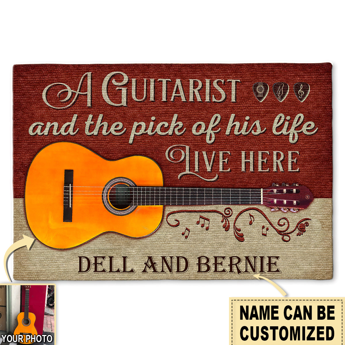 S ( 16X24 INCHES ) Guitar Red Old Couple Live Here Custom Photo Personalized - Doormat - Owls Matrix LTD