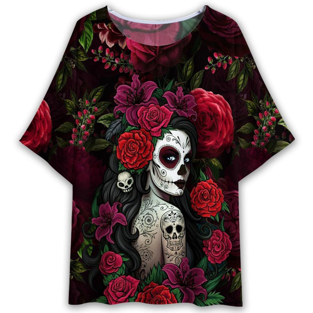 S Sugar Skull Rose Woman Tattoo - Women's T-shirt With Bat Sleeve - Owls Matrix LTD
