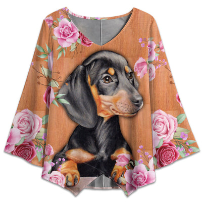 S Dachshund Baby Flower Style - V-neck T-shirt - Owls Matrix LTD