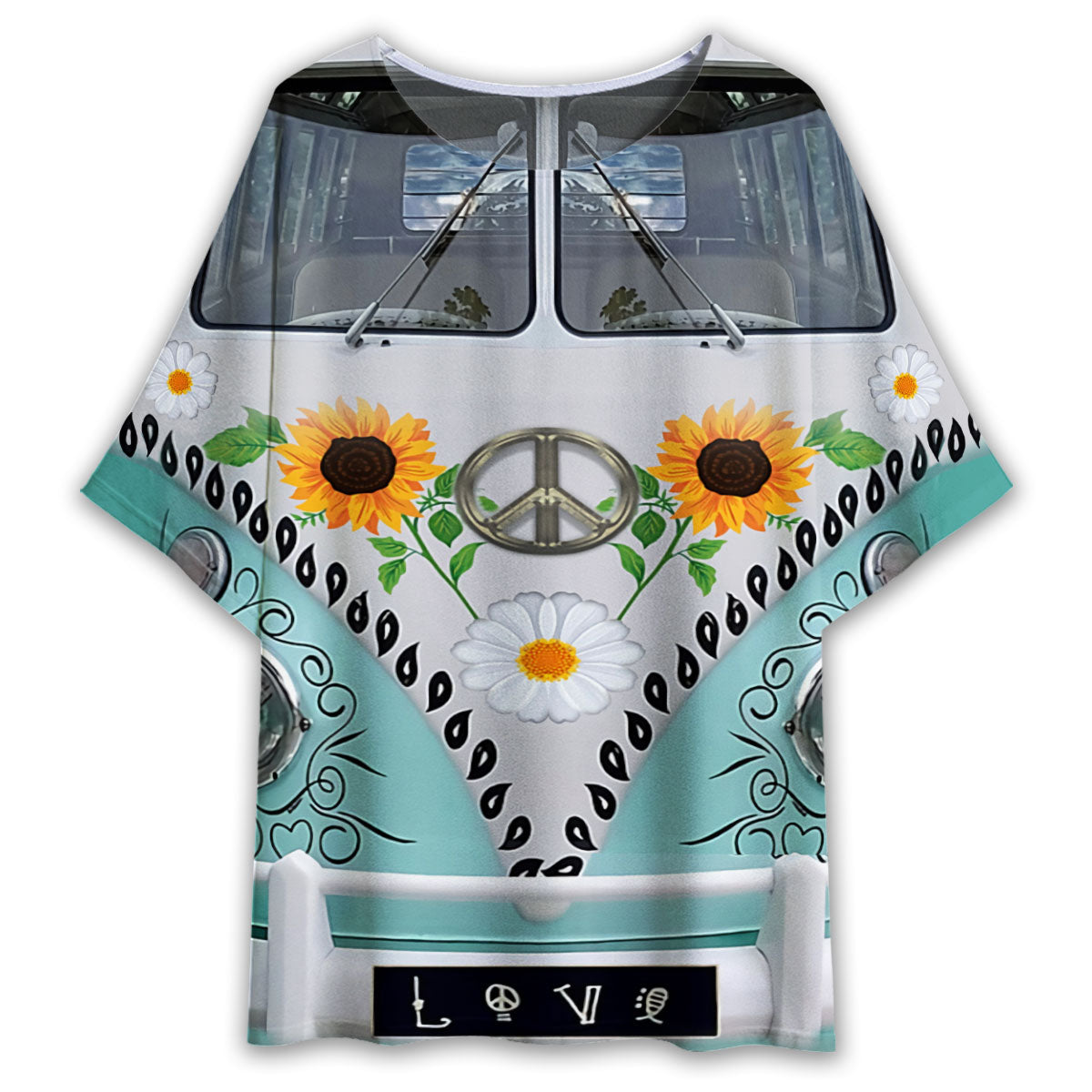 S Hippie Van With Daisy And Sunflower - Women's T-shirt With Bat Sleeve - Owls Matrix LTD