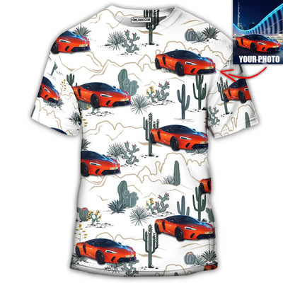 S Car Desert With Mountains Blooming Cacti Opuntia And Saguaro Custom Photo - Round Neck T-shirt - Owls Matrix LTD