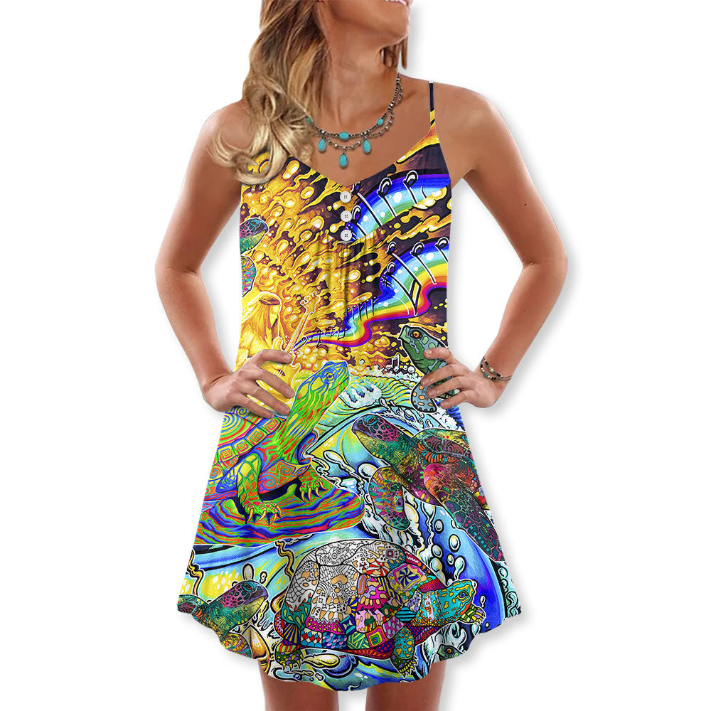 Hippie Turtle Colorful Art Peace - V-neck Sleeveless Cami Dress - Owls Matrix LTD