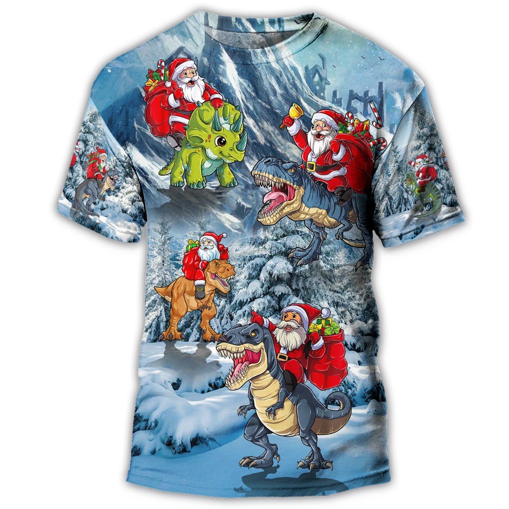 S Christmas Santa Claus Riding Dinosaur Christmas Tree Gift Light Art Style - Round Neck T-shirt - Owls Matrix LTD