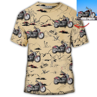 S Motorcycle Desert Catus Mountain Flower Custom Photo - Round Neck T-shirt - Owls Matrix LTD