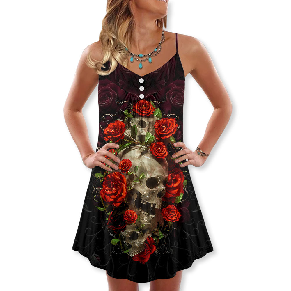 Skull And Roses Art - V-neck Sleeveless Cami Dress - Owls Matrix LTD