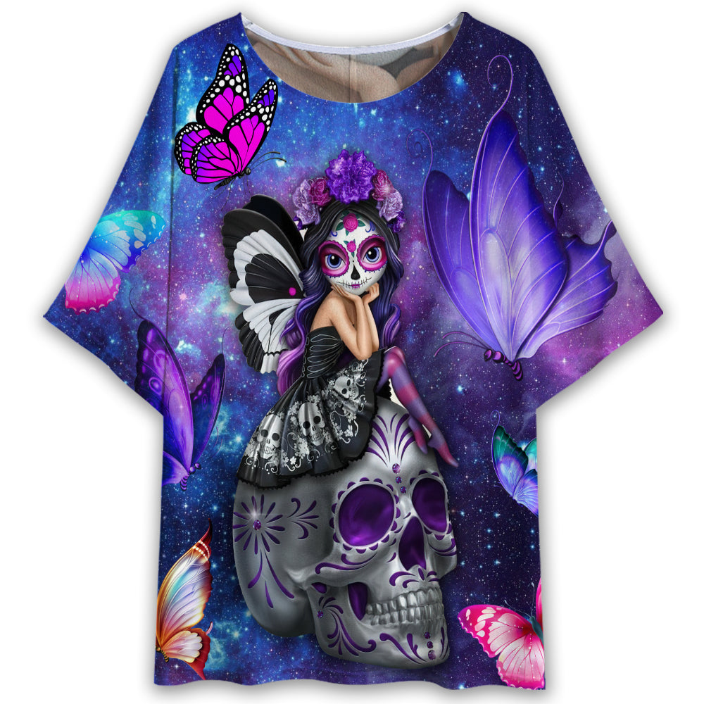 S Sugar Skull Butterfly Lighting Style - Women's T-shirt With Bat Sleeve - Owls Matrix LTD