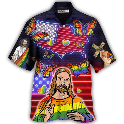 Hawaiian Shirt / Adults / S LGBT Independence Day Jesus Butterfly Neon - Hawaiian Shirt - Owls Matrix LTD