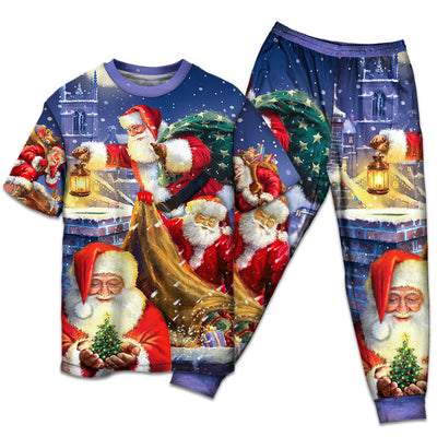 T-shirt + Pants / S Christmas Funny Santa Claus Up On Rooftop Art Style - Pajamas Short Sleeve - Owls Matrix LTD