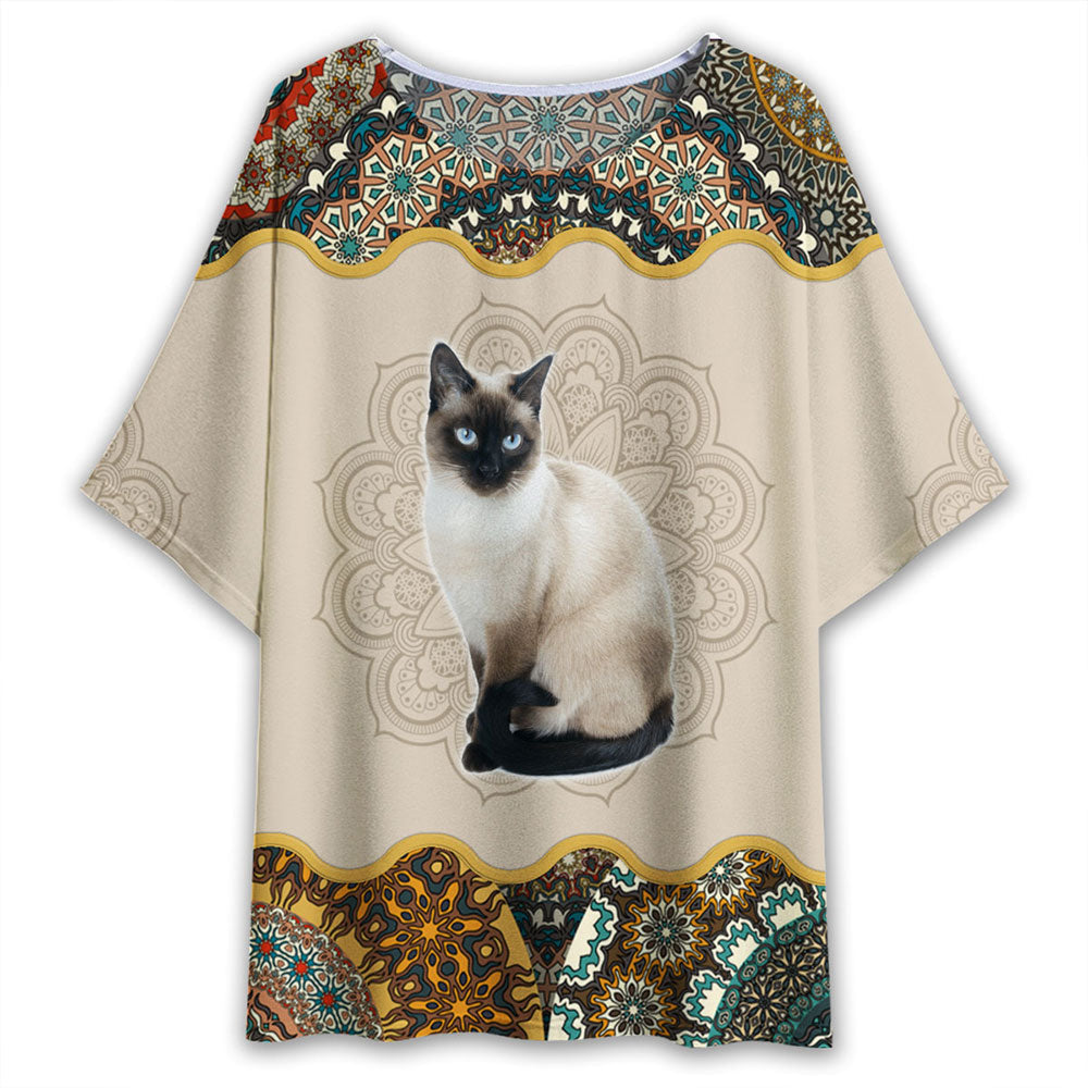 S Cat Siamese Cat Mandala Art Style - Women's T-shirt With Bat Sleeve - Owls Matrix LTD