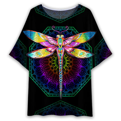 S Dragonfly Colorful Mandala Art - Women's T-shirt With Bat Sleeve - Owls Matrix LTD