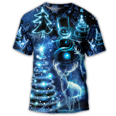 S Christmas Deer Snowman Tree Glow Light Style - Round Neck T-shirt - Owls Matrix LTD