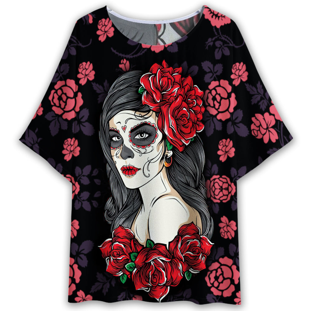 S Sugar Skull Flower Style - Women's T-shirt With Bat Sleeve - Owls Matrix LTD