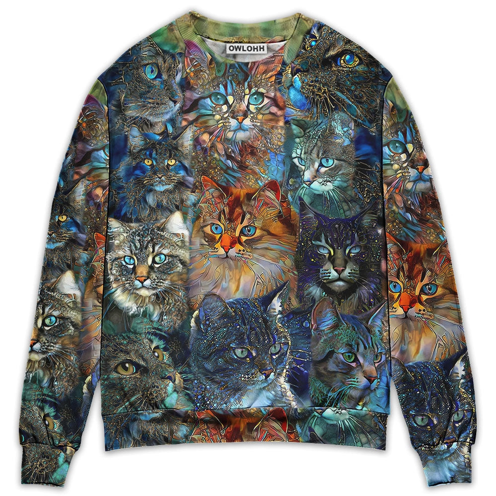 Sweater / S Cat Glass Art Colorful Cat Lover - Sweater - Ugly Christmas Sweaters - Owls Matrix LTD