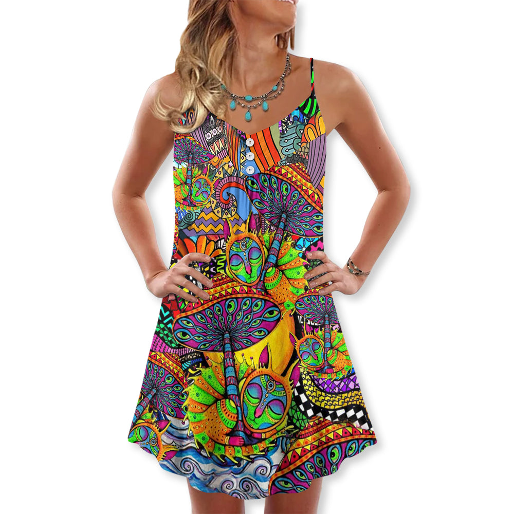 Hippie Peace Life Color Floral - V-neck Sleeveless Cami Dress - Owls Matrix LTD