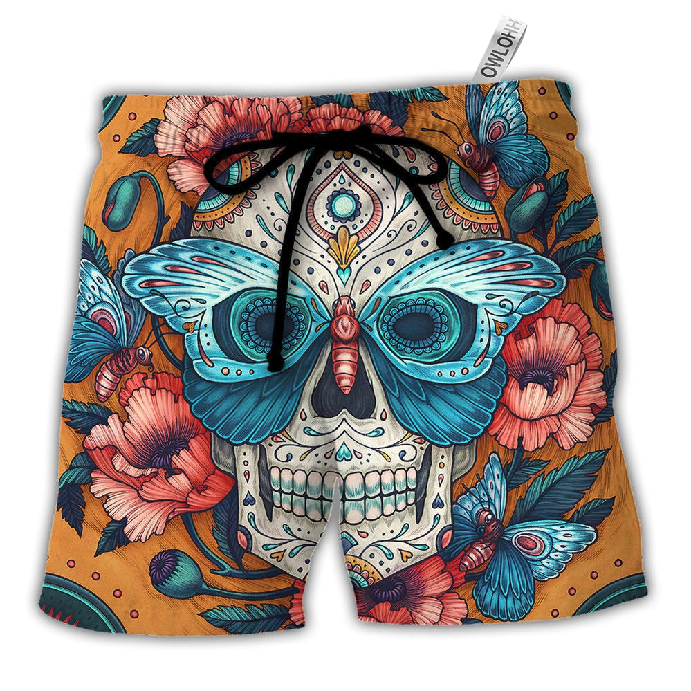 Beach Short / Adults / S Skull And Butterfly Abstract Vintage Colorful - Beach Short - Owls Matrix LTD