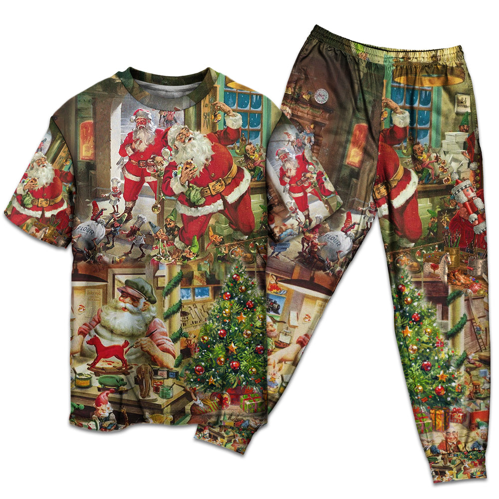 T-shirt + Pants / S Christmas Santa's Toy Workshop - Pajamas Short Sleeve - Owls Matrix LTD