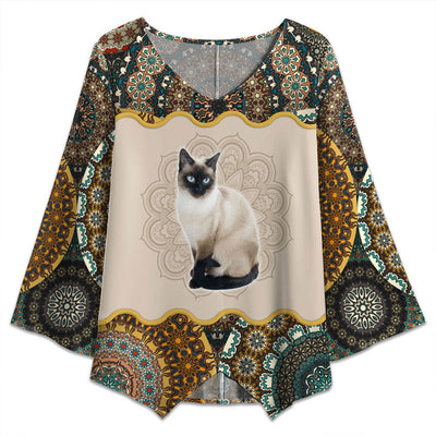 S Cat Siamese Cat Mandala Art Style - V-neck T-shirt - Owls Matrix LTD