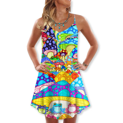 S Hippie Frog Mushroom Hippie Colorful Art Peace - V-neck Sleeveless Cami Dress - Owls Matrix LTD