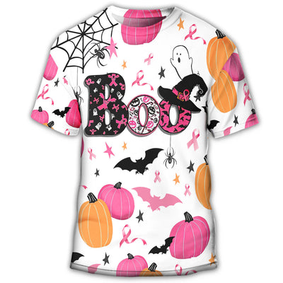S Breast Cancer Halloween Boo Cute Pumpkin Bat Spider - Round Neck T-shirt - Owls Matrix LTD