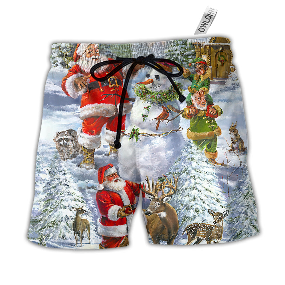 Beach Short / Adults / S Christmas Santa Claus Snowman Elf So Happy Art Style - Beach Short - Owls Matrix LTD