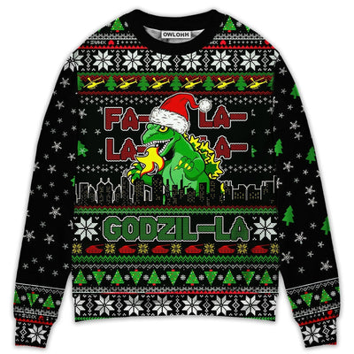Sweater / S Christmas Godzila Falalalala Xmas - Sweater - Ugly Christmas Sweaters - Owls Matrix LTD