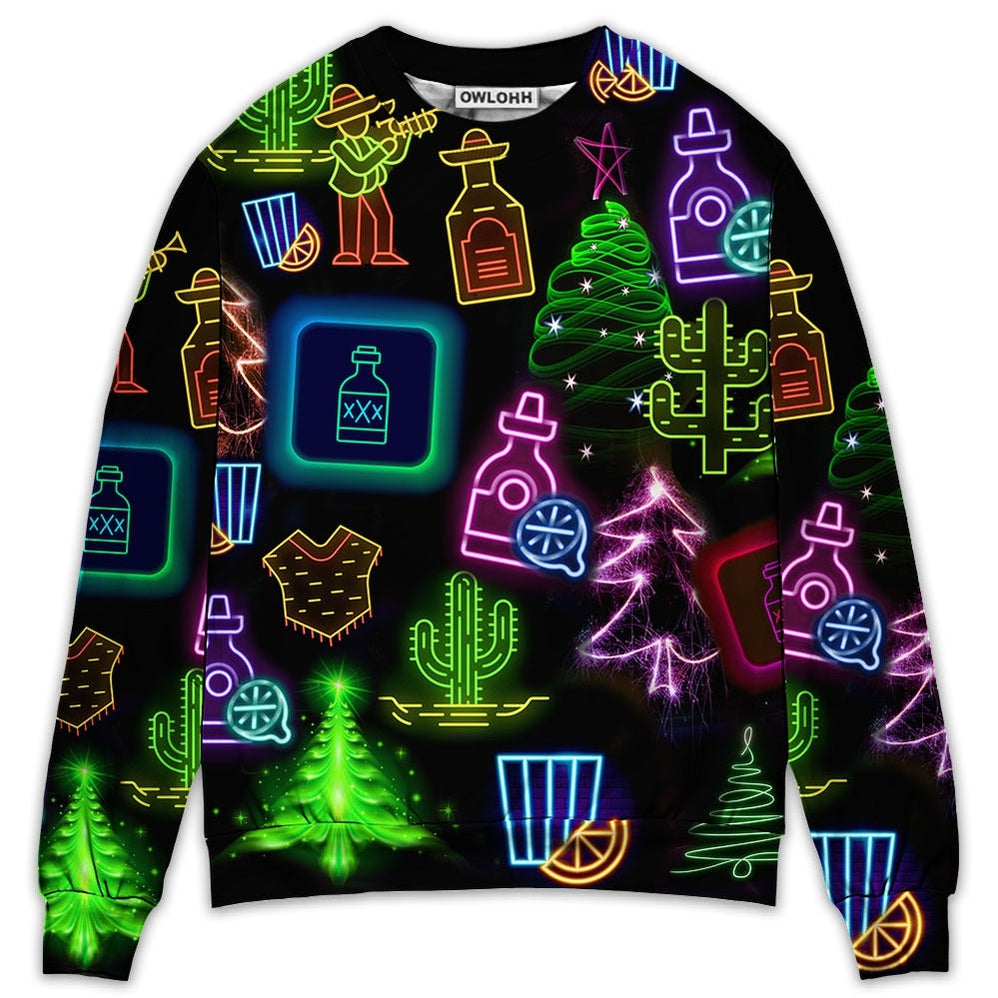 Sweater / S Wine Tequila Christmas Neon Art Drinking - Sweater - Ugly Christmas Sweaters - Owls Matrix LTD